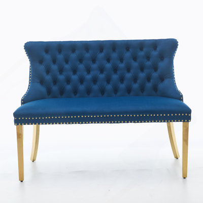 Velvet Double Dining Loveseat Bench, Kitchen & Dining Seating, 2-Seat Tufted Bench W/Handmade Buttons, Wing Back, Gold-Plated Steel Legs, Mid Century Modern,Single Pack,Blue