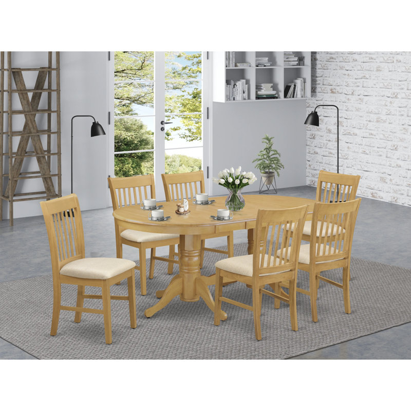 Ensemble de table et chaises de cuisine 7 pièces comprenant une table de salle à manger ovale avec rallonge papillon et 6 chaises en tissu de lin, chêne