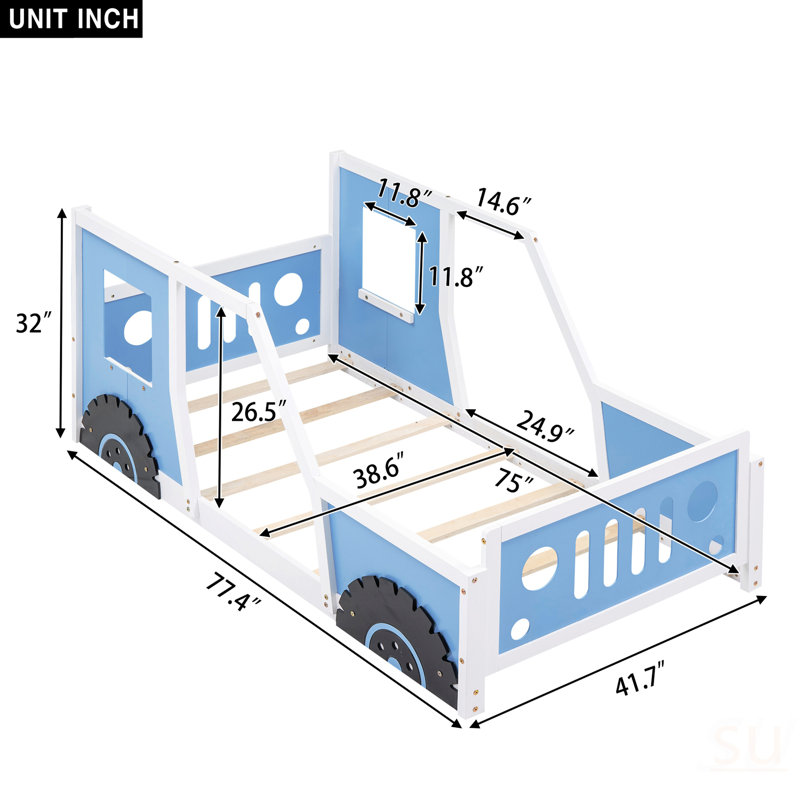 Lit plateforme simple en forme de voiture avec roues, bleu, Bleu, Lit simple