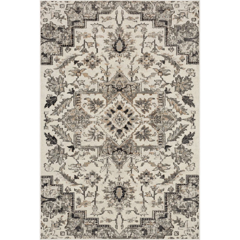 Tapis gris à motif floral médaillon Manoel, Rectangle 5 pi 3 po x 8 pi