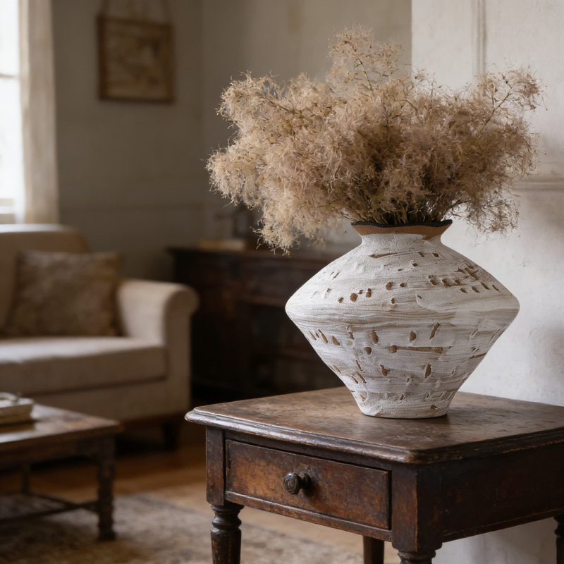 Wabi Sabi Ceramic Vase, Large Rustic Farmhouse Centerpiece Vase With Textured Distressed Finish, Watertight Pottery Vase For Fresh And Dried Flowers, Home Decor For Living Room And Table