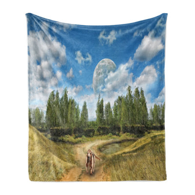 Ambesonne Basset Hound Fleece Throw Blanket Running Dog Trees Sky Multicolor