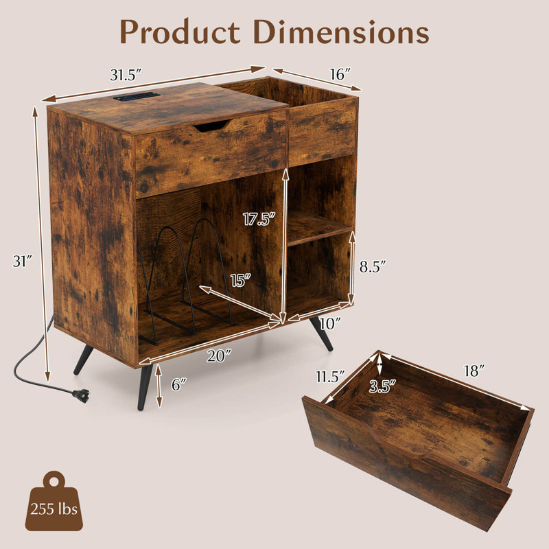 Record Player Stand With Power Outlet, Drawer, Removable Divider Industrial Turntable Display Stand