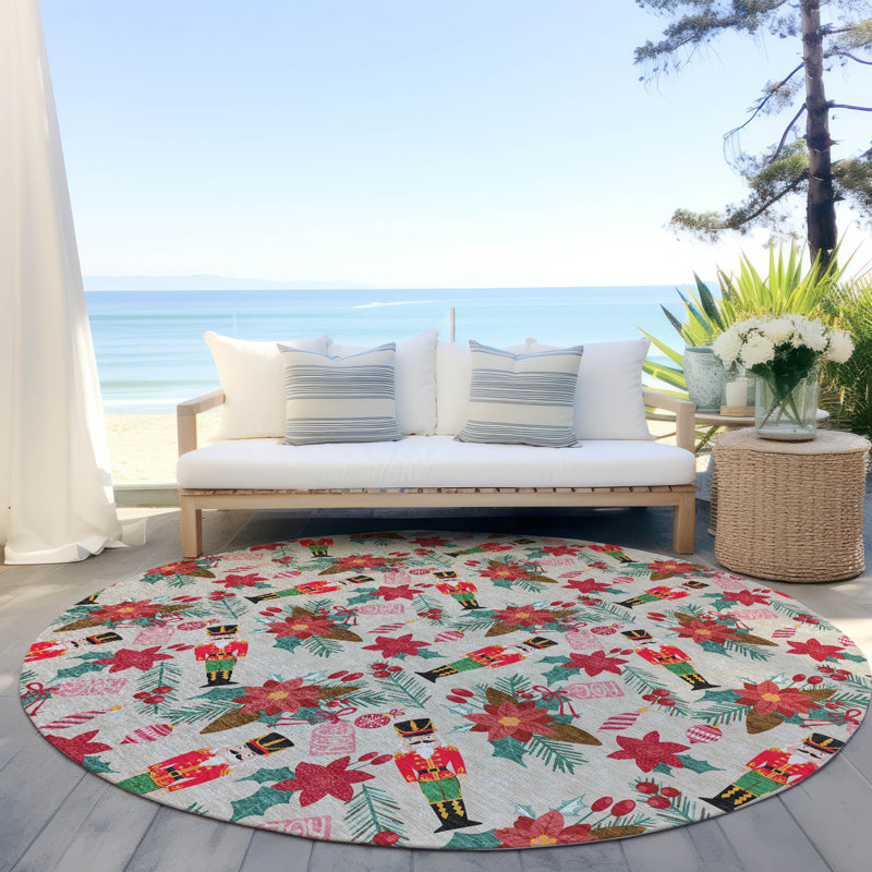 Tapis beige casse-noisette intérieur / extérieur lavable à la machine Xhevrie, Rond 8 pi