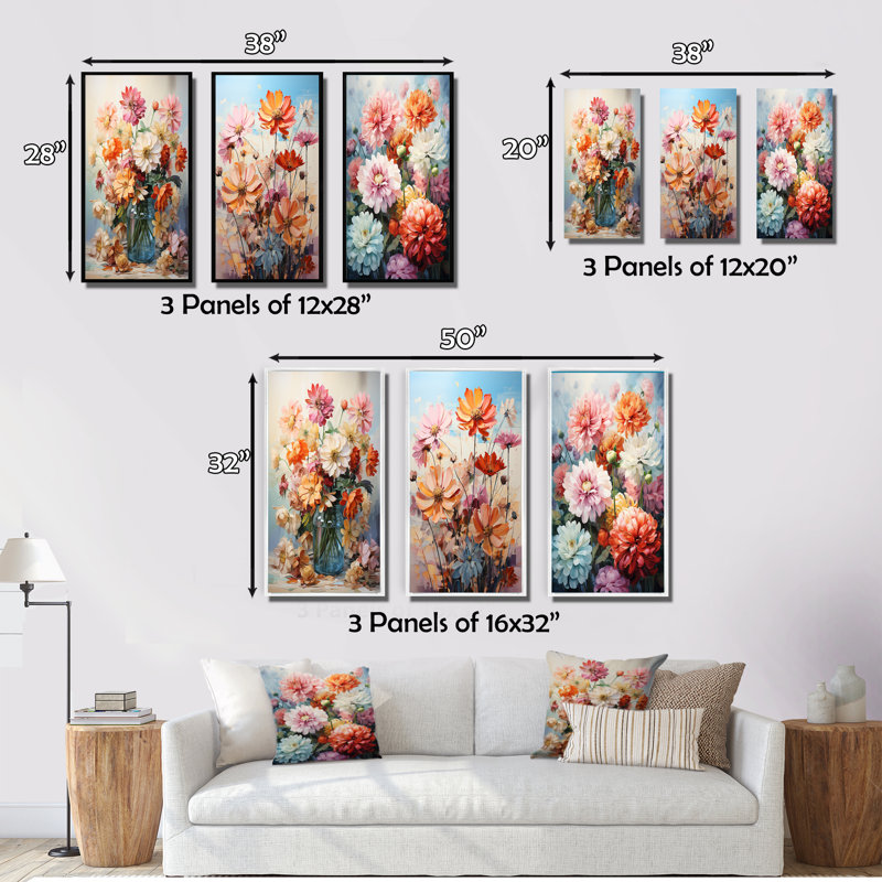 «Colorful Zinnias Romantic Impression», 3 pièces sur toile, Cadre naturel flottant, H 32 po x l 48 po