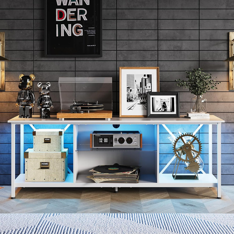 55" TV Stand for 65 Inch TV with LED, Entertainment Center with Glass Shelf, Industrial TV Console with Open Storage Shelf