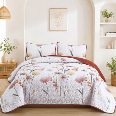 3 Pieces Floral Quilt Set Lightweight Farmhouse Style Coverlet Sets For All Season