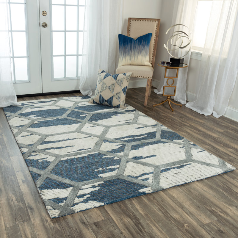 Tapis bleu / gris clair touffeté à la main Salom, Rectangle de 7 pi 6 po x 9 pi 6 po