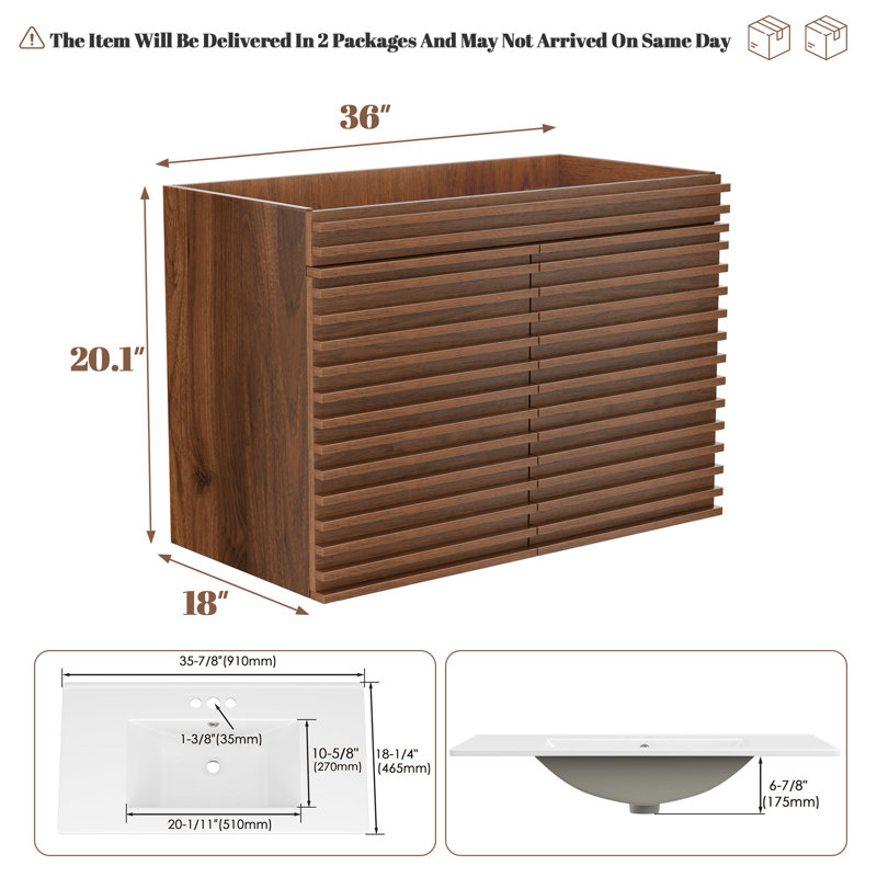 36" Wall-Mount Walnut  Bathroom Vanity Without Sink