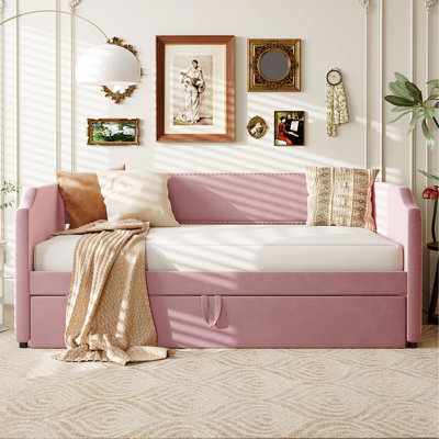Lit de jour rose simple avec lit gigogne et revêtement en velours, fonction 2 en 1 pour les chambres d'amis, lit douillet confortable pour la nuit, lit doux, chambres à coucher, lit supplémentaire