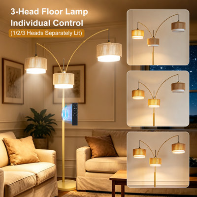 Boho Glam Gold 80″ Arc Floor Lamp With Rope&Linen Double Lampshade,Remote Stepless Color Temp & Brightness Mid-Century Modern