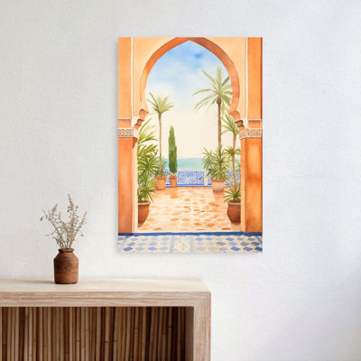 Affiche murale côtière abstraite avec arche marocaine, vue sur l'océan et palmiers.
