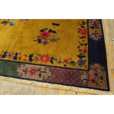 1920s Wool Yellow / Gold Orange Antique Hand Knotted Pile Rectangle Rug