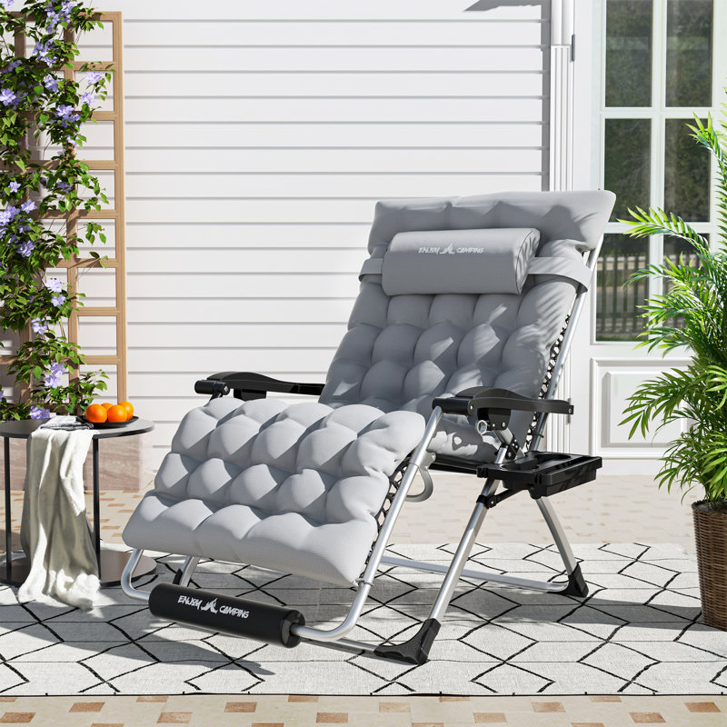 Chaise longue de patio pliante surdimensionnée 33 po avec coussin zéro et porte-gobelet, Gris, H 45 po x l 33 po x P 30 po