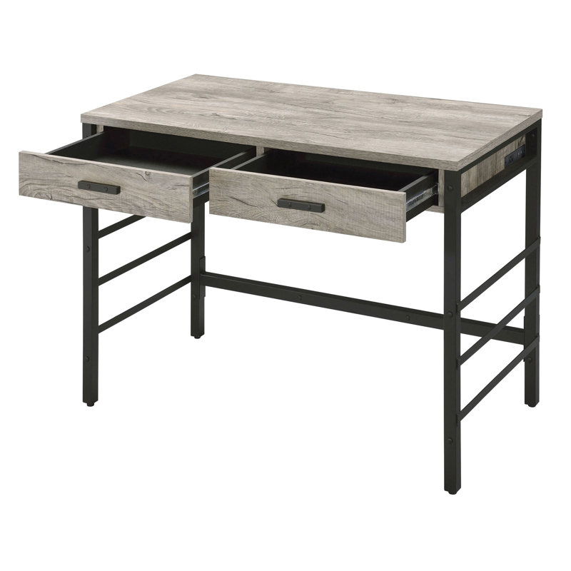 Bureau fonctionnel en chêne vieilli et noir avec 2 espaces de tiroir et des tiroirs modernes à options électriques, avec pieds en métal