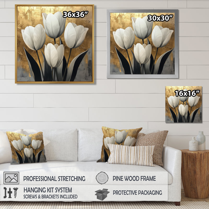 Forme géométrique des tulipes dorées pures - art mural Tulipes, Impression encadrée flottante, Crème, crème