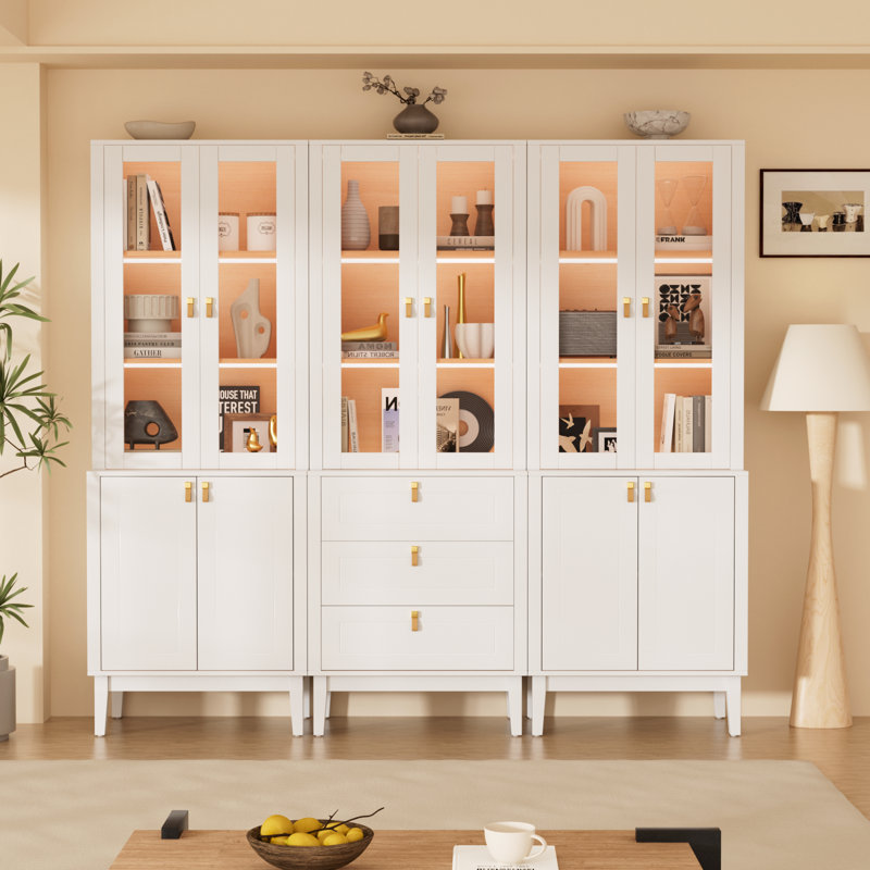 71" W Modular Library Bookcase With Glass Doors And Integrated LED Lighting, Large Wall Unit With Drawers And Storage Cabinets, White