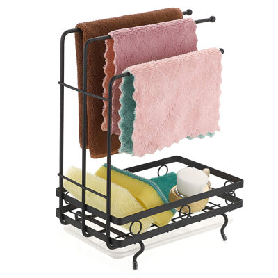 Kitchen Sink Caddy Sponge Holder With Dishcloth Drying Rack, Kitchen Rag Stand Sponge Brush Soap Dish Dishcloth Rack Sink Storage Organizer For Kitchen Countertop (Black)