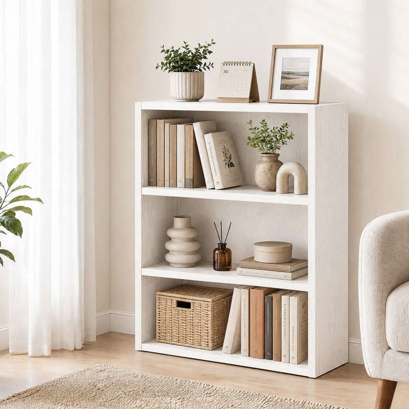 Adjustable Wooden Standard 3-Tier Bookcase, (3 Shelves) 32"H x 23.8"W x 9.2"D, White