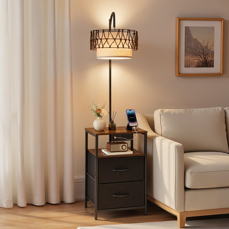 Floor Lamp with Table, 2-Tier End Table with 2 Drawers and 3 Color Temperature LED Bulb, Modern Side Nightstand Bedside Desk with USB & Type C & AC Charging Port for Living Room, Bedroom, Dorm