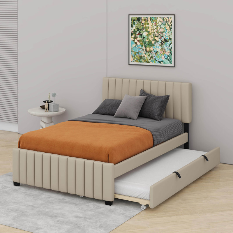 Lit plateforme double en velours avec lit gigogne, Beige