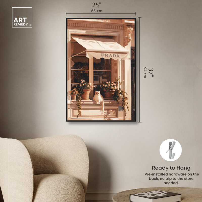 «Cat at the Store Window Canvas» par Art Remedy, Cadre noir, H 46 po x l 31 po