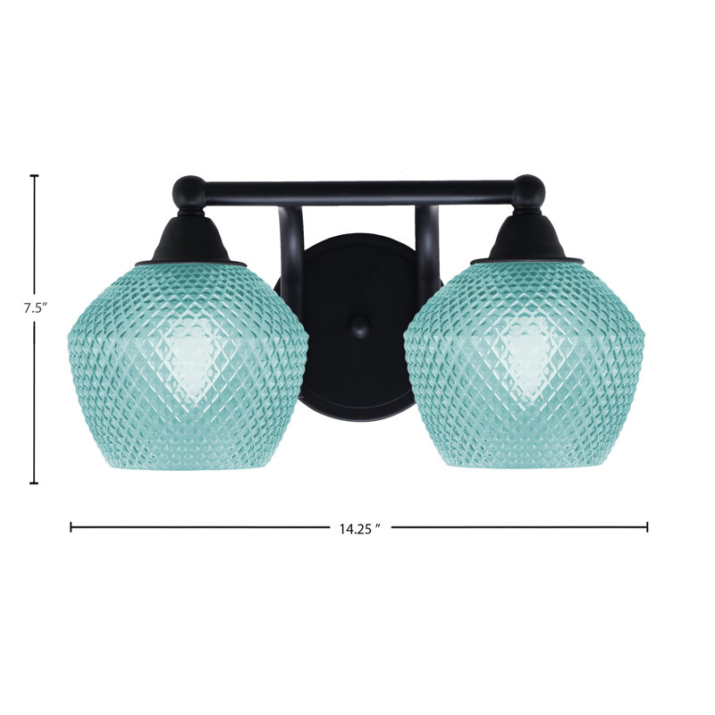 Mukkesh 2 Light Bath Bar Matte Black Finish 6" Turquoise Glass, Matte Black, 2 Lights, 7.5" H x 14.25" W x 8.5" D