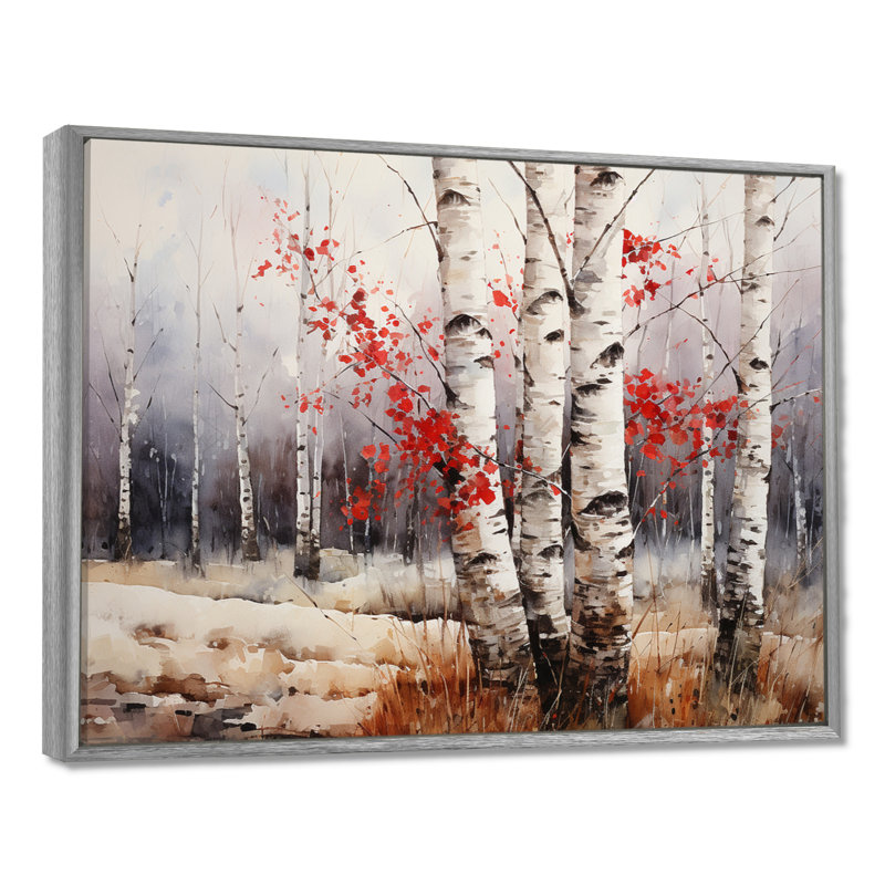Bois de bouleau blanc et rouge en hiver III - Art mural bouleau, 24" H x 32" W, Encadrement argenté