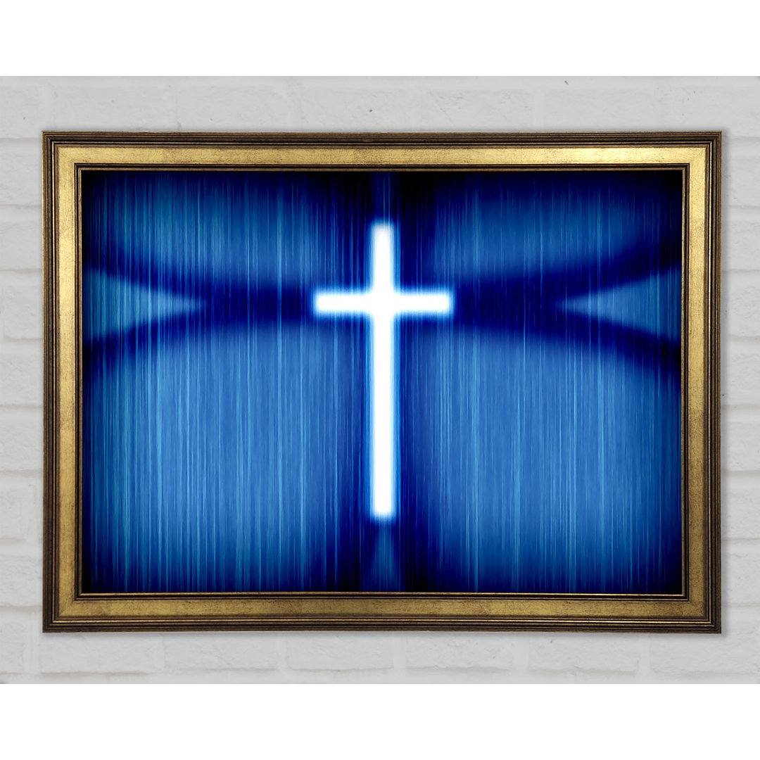 Christliches Weißes Kreuz Blauer Hintergrund Gerahmter Druck