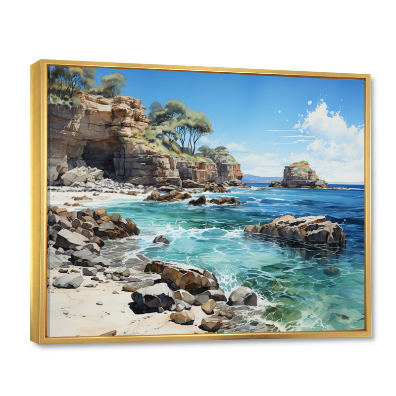 Rocky Beach Majestic Cliffs I - Nautical & Beach Wall Decor, H 12 po x l 20 po x P 1 po, Cadre flottant doré