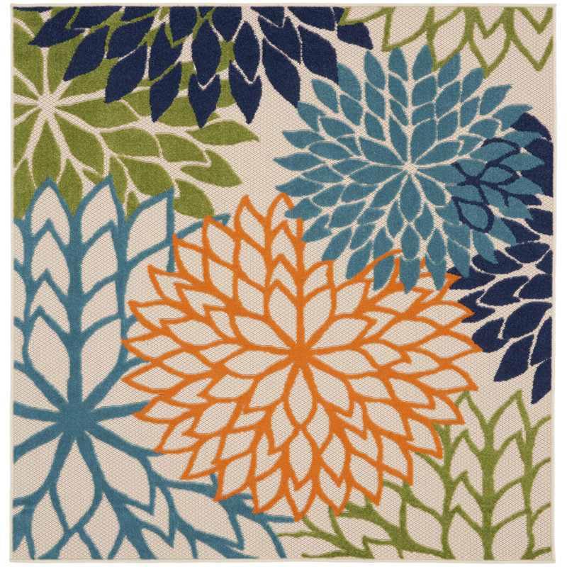 Tapis intérieur/extérieur Alsaedi floral vert/bleu/orange, Carré 5 pi 3 po