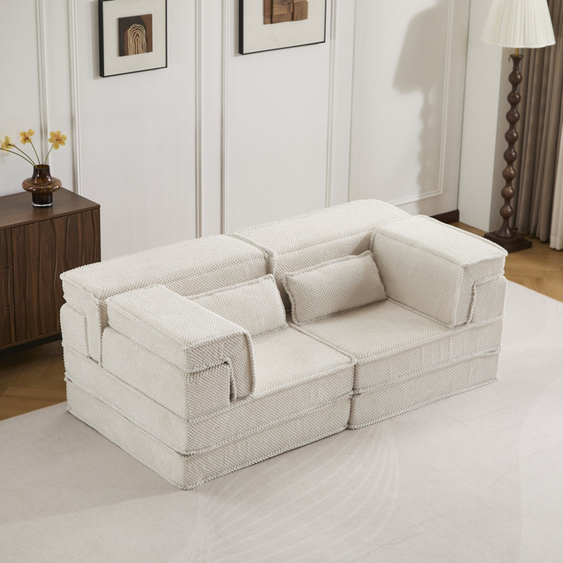 Canapé d'angle modulaire sans os à monter soi-même - Lit convertible Mahjong à compression, revêtement en polaire circulaire, rembourrage en mousse à mémoire de forme haute densité, blanc, aucun assemblage requis, style convertible, housse incluse.