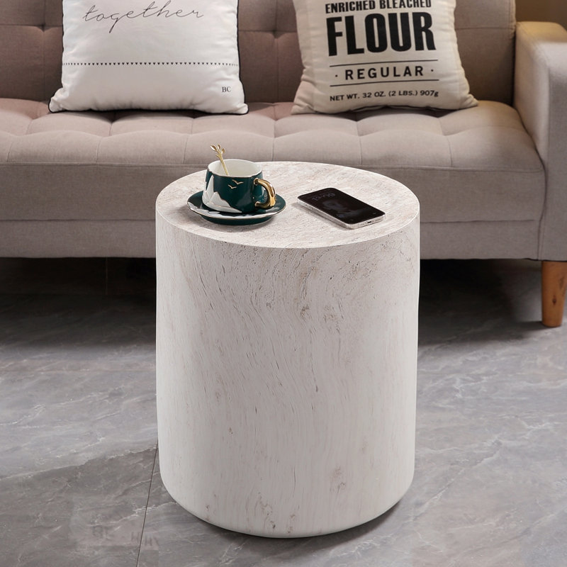 Table d'appoint tambour en oxyde de magnésium au fini travertin clair