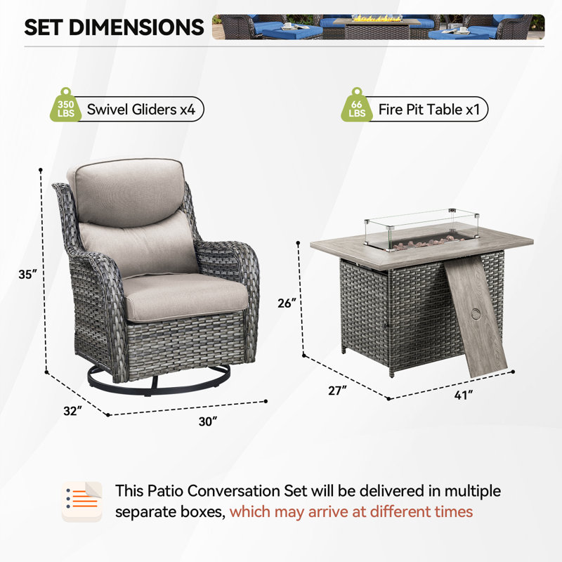 Smile 5 - Piece Outdoor Seating Group With Firepit Table With Cushions, Gray, Gray
