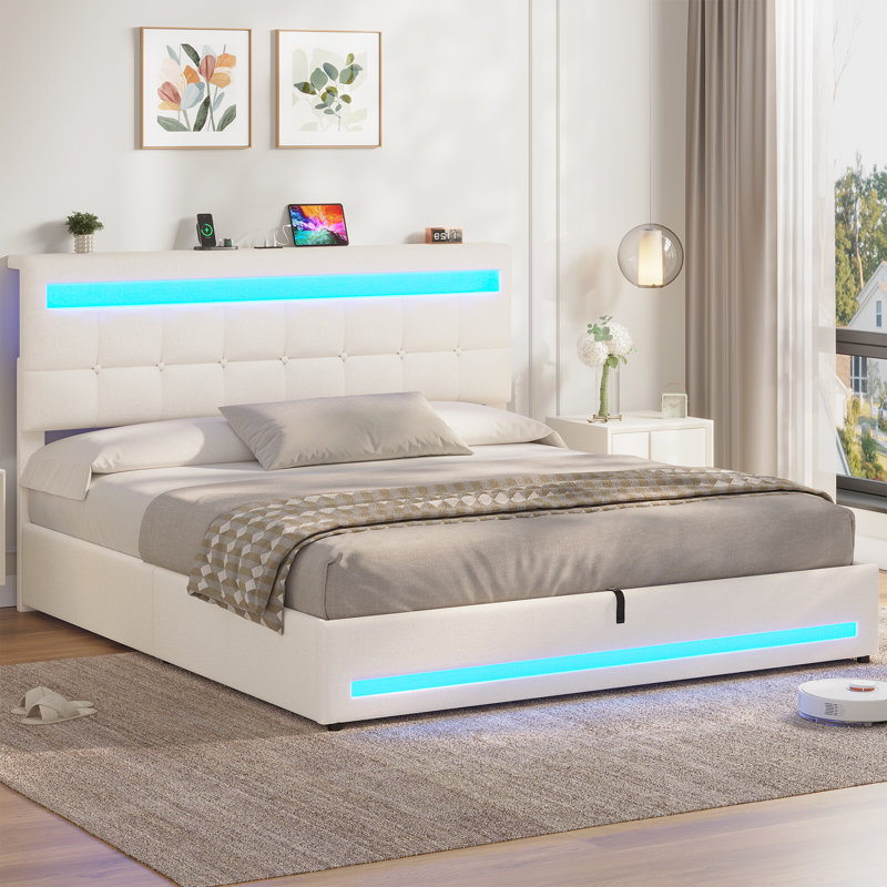 Ottoman Bed Frame with Charging Station & LED Lights, Upholstered Platform Bed frame with Under-bed Storage and Storage Headboard, No Box Spring Needed