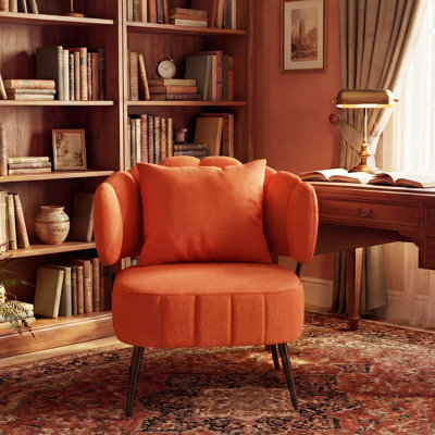 Fauteuil d'appoint en velours côtelé orange avec siège à ressorts ensachés, fauteuil demi-tonneau moderne et confortable, fauteuil de salon pour petit espace, lecture dans la chambre à coucher