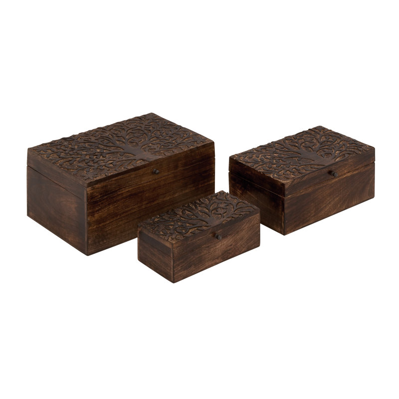 Doody Mango Wood Handmade Floral Decorative Brown Box with Hinged Lid Set