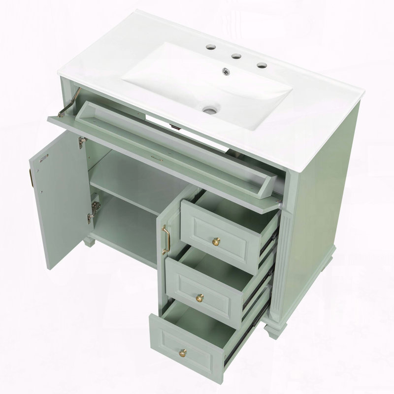 Meuble-lavabo en bois massif 36 po avec tiroir rabattable et poignées dorées 36 po