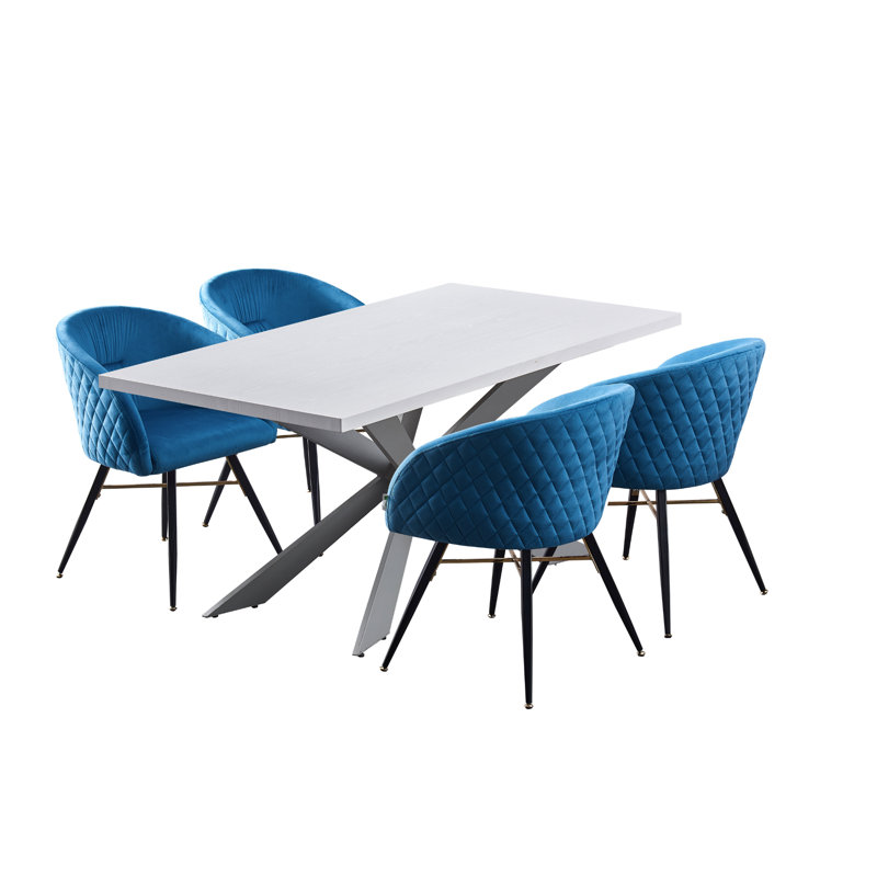 Burvin 4 Person Dining set - a Rectangular Wooden Dining Table with Metal Legs and a Set of 4 Quilted Velvet Dining Chairs for Dining Room - Modern Dining Table Set