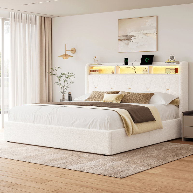 Upholstered Bed With Storage Headboard, Queen Platform Bed Frame With Storage Drawers&led, White, Queen