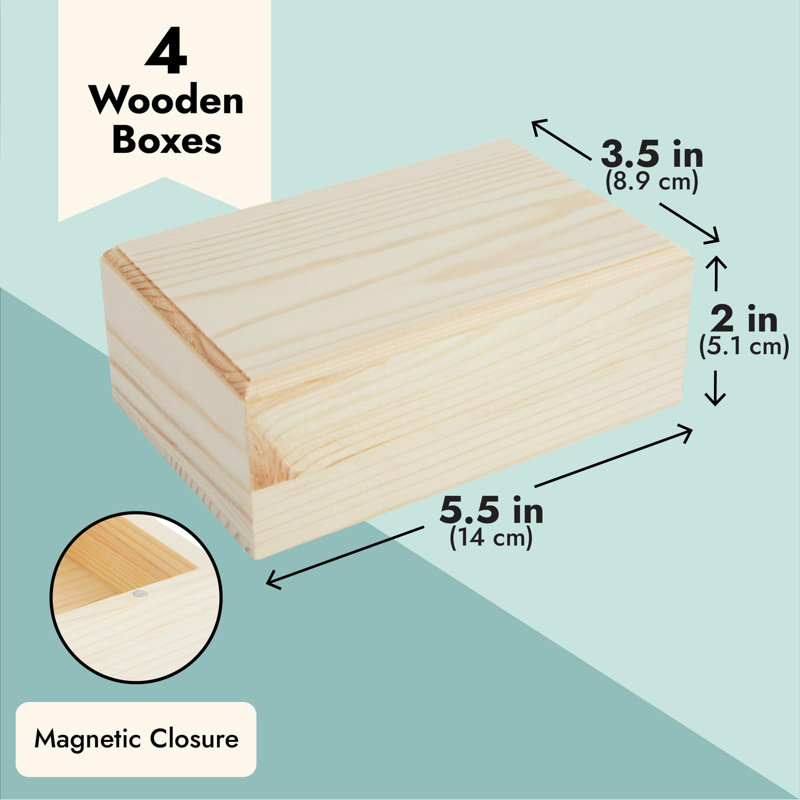 Boîtes en bois - paquet de 4, bois de pin non fini 5,5 po x 3,5 po x 2 po - Boîte en bois avec couvercle magnétique à charnières - Bricolage et rangement
