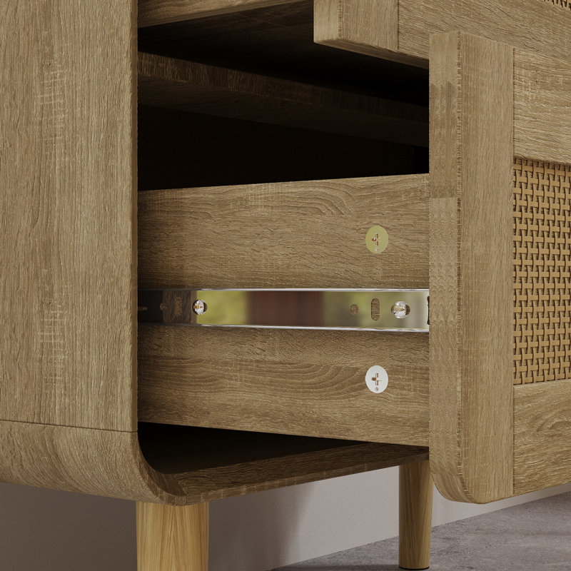 Mid-Century Modern Accent Chest With Rattan Detailing And Rubberwood Frame, 3 Drawers Storage Cabinet