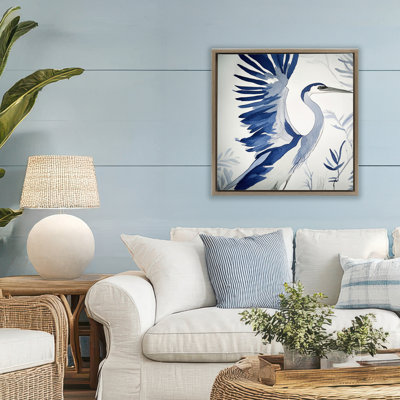 Cadre flottant Blue Heron dans des tons froids, design par Mona Grace