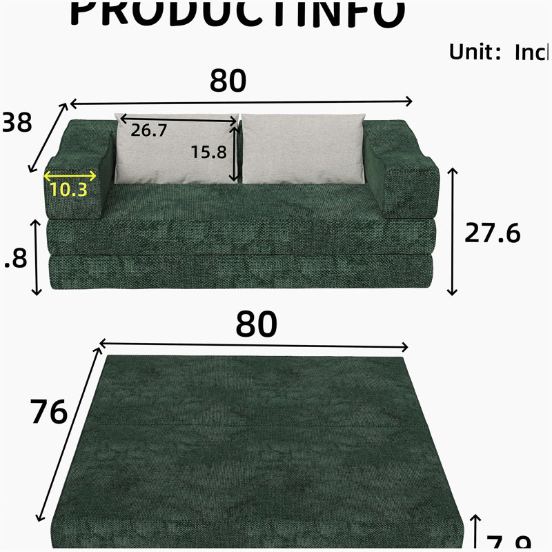 Lit convertible 80 po avec 2 coussins, canapé-lit pliant à 3 places et matelas pour très grand lit, combinaison de bricolage, chenille, vert