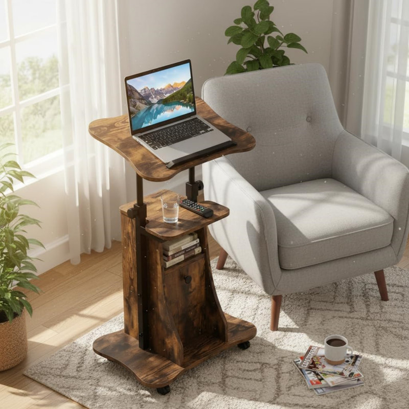 Chariot de bureau mobile réglable en hauteur avec plateau inclinable et armoire de rangement, support pour ordinateur portable à roulettes avec freins pour bureau à domicile, espace de travail flexible