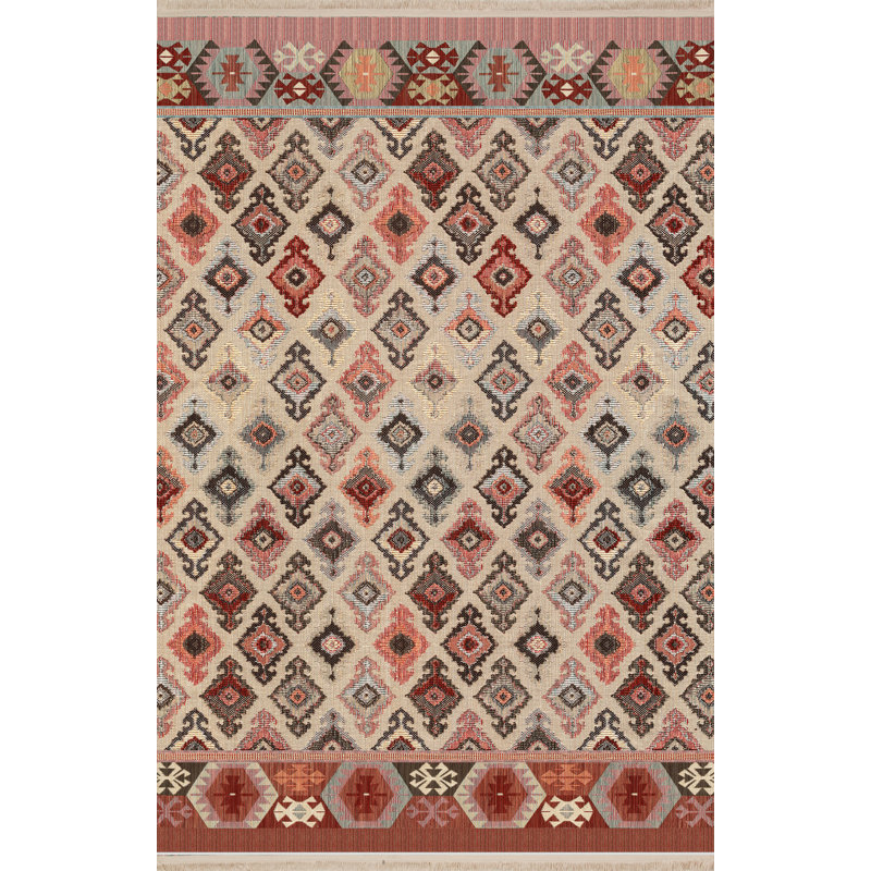 Tapis décoratif multicolore à motif de croix traditionnel beige, Rectangle 3 pi 9,81 po x 4 pi 11,06 po