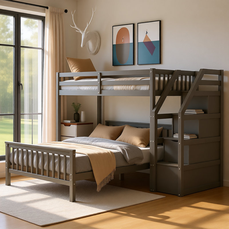 Twin over Full Loft Bed with Staircase and Storage Drawers, Convertible Design with Reversible Ladder and Safety Guardrails, Space-Saving Wooden Bunk Bed
