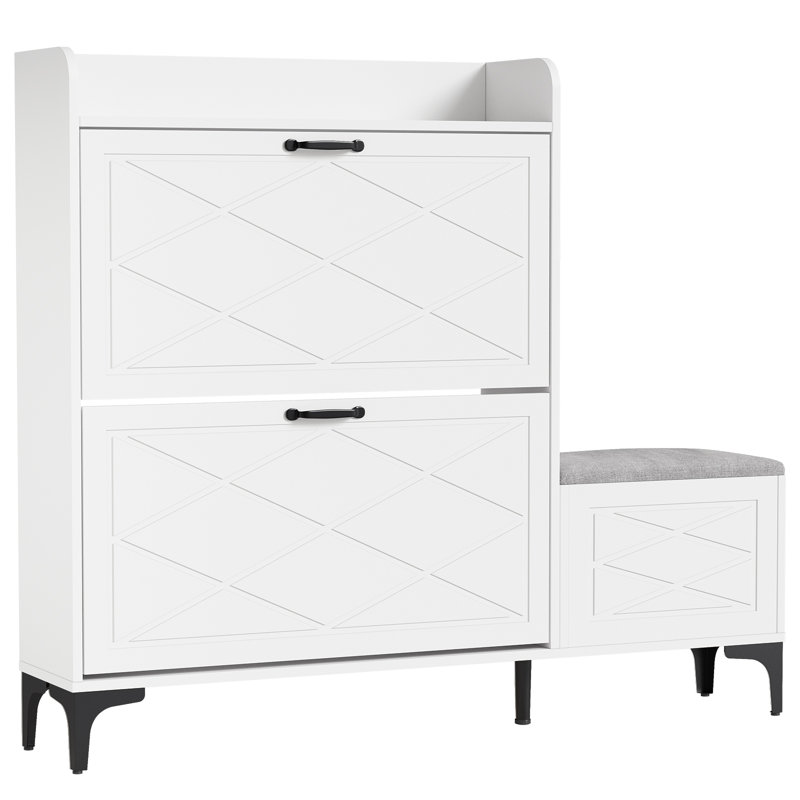 24 Pairs Shoe Storage Cabinet with Cushion Bench and Adjustable Flip Storage Cabinet, White