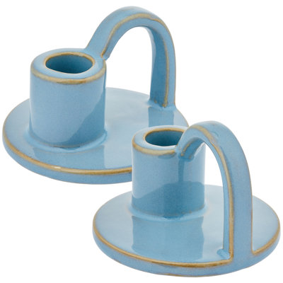 Elise Petite Ceramic Taper Candle Holder Set of 2, Decorative Tabletop Candleholders, Blue