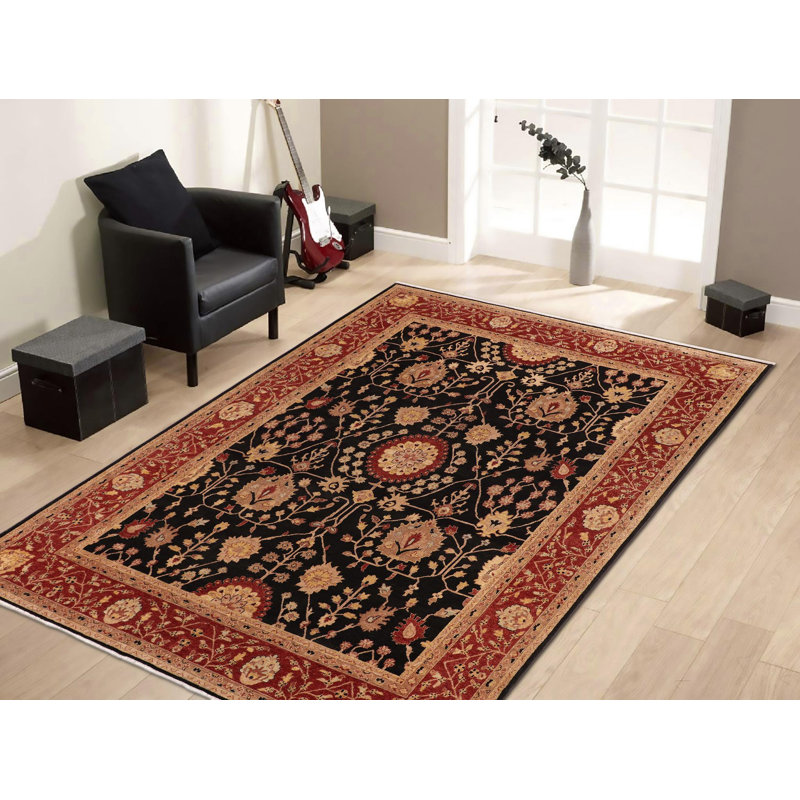 Tapis oriental noir / rouge en laine noué à la main 10 pi 1 po x 14 pi Dorn